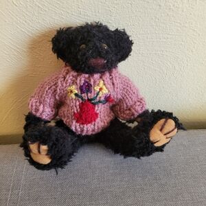 Bearland Mini Black Bear with Pink Crocheted Floral Sweater Plush Stuffed Animal